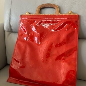 Louis Vuitton Shiny Red Tote with Brown Handles